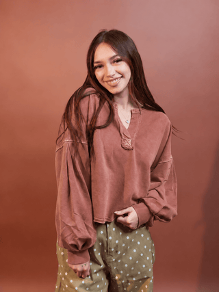 BLUE PEPPER Women's Cozy Notch Long Sleeve Knit Crop Top, Terracotta - 130 Basics - The Farmhouse