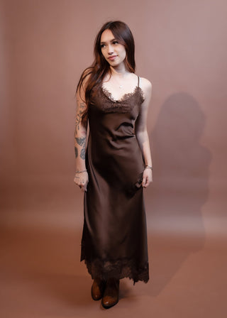 BLUE PEPPER Women's Espresso Lace Satin Midi Dress - 170 Dresses - The Farmhouse