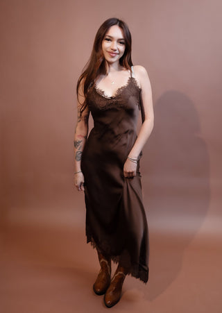 BLUE PEPPER Women's Espresso Lace Satin Midi Dress - 170 Dresses - The Farmhouse
