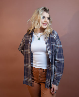 BLUE PEPPER Women's Navy Acres Plaid Button-Down - 160 Outerwear - The Farmhouse