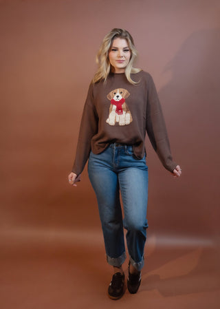 Styled view of relaxed knit pullover sweater with intarsia puppy motif and crew neck