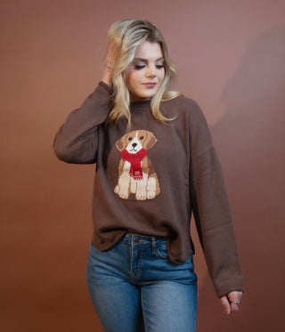 Alternate view of relaxed-fit puppy knit sweater with crew neckline