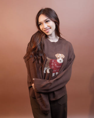 Chocolate knit sweater with puppy-in-a-sweater jacquard and relaxed fit