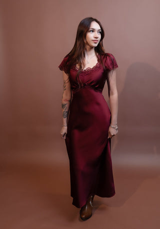 Winter wine satin midi dress with puff sleeves, lace trim and empire waist