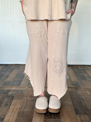 Boho Crochet Patch Waffle Knit Wide - Leg Thermal Pants - 250 Activewear + Lounge - The Farmhouse