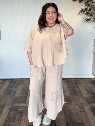 Boho Crochet Patch Waffle Knit Wide - Leg Thermal Pants - 250 Activewear + Lounge - The Farmhouse