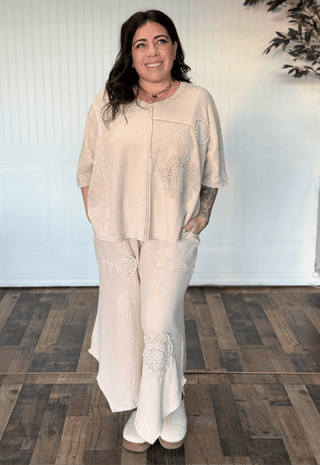 Boho Crochet Patch Waffle Knit Wide - Leg Thermal Pants - 250 Activewear + Lounge - The Farmhouse