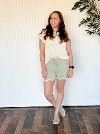 Breezy Linen - Tie Waist Shorts, Aloe - 220 Shorts + Skirts - The Farmhouse