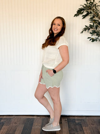 Breezy Linen - Tie Waist Shorts, Aloe - 220 Shorts + Skirts - The Farmhouse