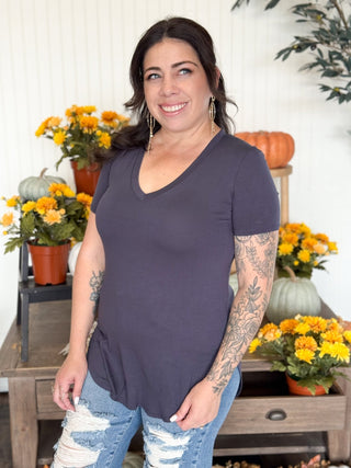 Breezy V - Neck Flowy Top, Graphite - 130 Basics - The Farmhouse