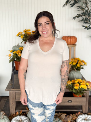 Breezy V - Neck Flowy Top, Oat - 130 Basics - The Farmhouse