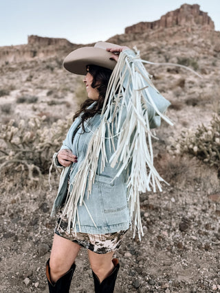 Buckle Up Fringed Denim Jacket - Lt Wash - The Farmhouse