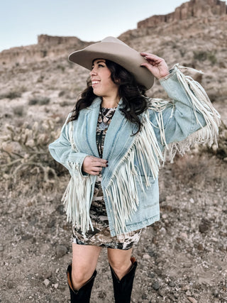 Buckle Up Fringed Denim Jacket - Lt Wash - The Farmhouse