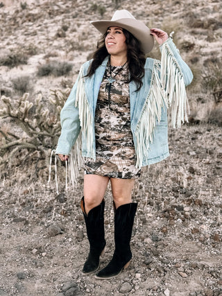 Buckle Up Fringed Denim Jacket - Lt Wash - The Farmhouse