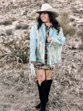 Buckle Up Fringed Denim Jacket - Lt Wash - The Farmhouse