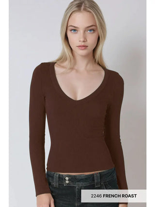 NIKIBIKI Women's Deep V Neck Long Sleeve Top, French Roast