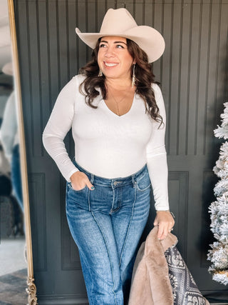 Cambridge Long Sleeve V - Neck Double Lined Top - Ivory - 130 Basics - The Farmhouse