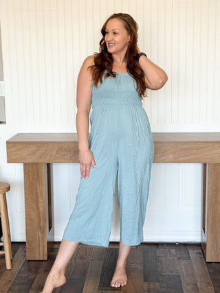 Canal Blue Silky Ruched Babydoll Jumpsuit - 170 Dresses - The Farmhouse