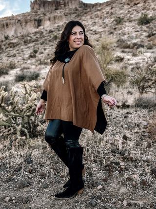 Canyon Breeze Boho Western Button Poncho Sweater, Mocha - The Farmhouse