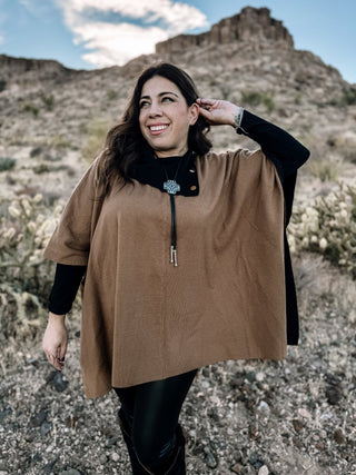 Canyon Breeze Boho Western Button Poncho Sweater, Mocha - The Farmhouse