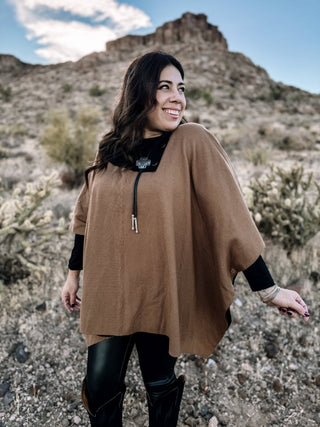 Canyon Breeze Boho Western Button Poncho Sweater, Mocha - The Farmhouse