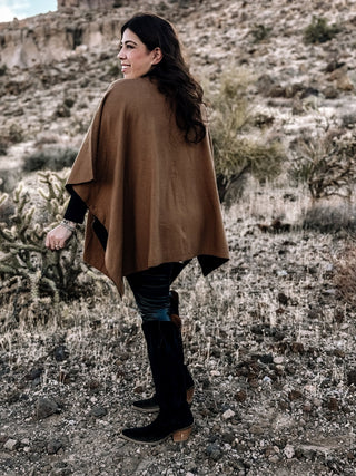 Canyon Breeze Boho Western Button Poncho Sweater, Mocha - The Farmhouse