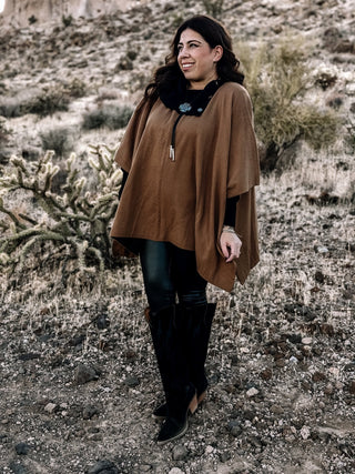 Canyon Breeze Boho Western Button Poncho Sweater, Mocha - The Farmhouse