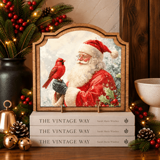 Cardinal Santa provincial framed art, 9 by 10 inch Christmas home decor