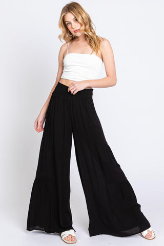 Cascade Comfort Woven Solid Waist Smocking Wide Leg Pants - Black - The Farmhouse