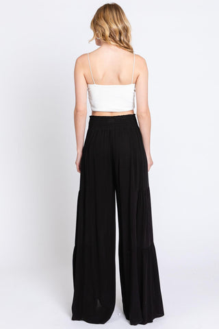 Cascade Comfort Woven Solid Waist Smocking Wide Leg Pants - Black - The Farmhouse