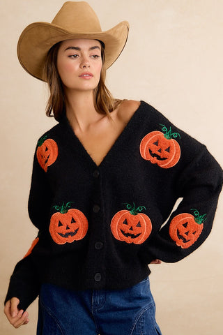 BIBI Women's Halloween Pumpkin Applique Button Front Knit Cardigan