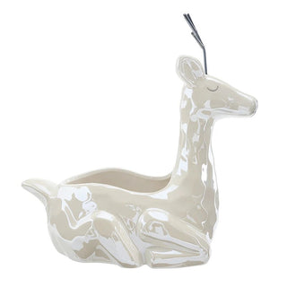 Styled view of white pearl glaze deer bowl