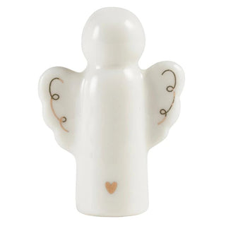 Close-up of ceramic angel figurine with gold foil embellishment