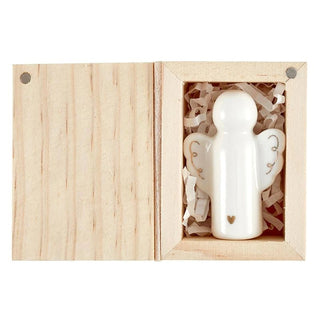Detail view of sentimental phrase on pine wood angel gift box