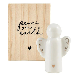 Ceramic angel figurine with gold foil accents in a pine wood gift box
