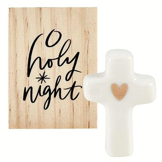 Ceramic cross figurine with gold foil accents in a pine wood gift box