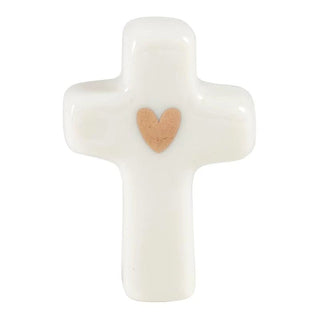 Pine wood gift box with sentimental phrase holding a ceramic cross keepsake