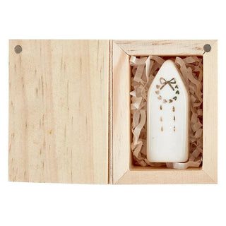 Pine wood gift box with sentimental phrase holding ceramic house figurine