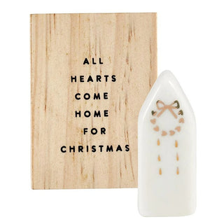 Ceramic house figurine with gold foil accents in a pine wood gift box