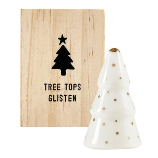 Ceramic tree figurine with gold foil accents in a pine wood gift box