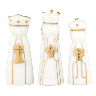 Another angle of small ceramic Three Kings set with gold foil finish
