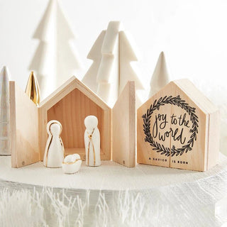 Holy Family ceramic figurine with gold foil accents in pine wood gift box