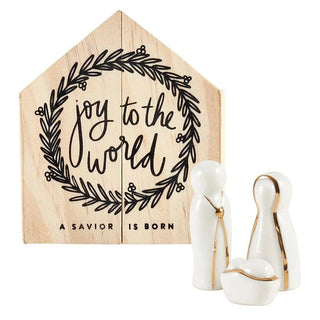 Alternate view of Holy Family ceramic nativity figurine and pine wood box