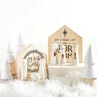 Large ceramic Holy Family figurine set with gold foil in pine wood gift box
