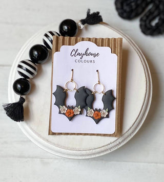 Clay Earrings, Halloween Floral Bats - 290 Jewelry - The Farmhouse