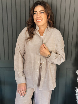 Coastal Breeze Casual Lounge Striped Long Sleeve Shirt, Taupe - The Farmhouse