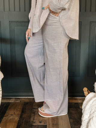 Coastal Breeze Casual Lounge Striped Wide Leg Drawstring Pants, Taupe - The Farmhouse