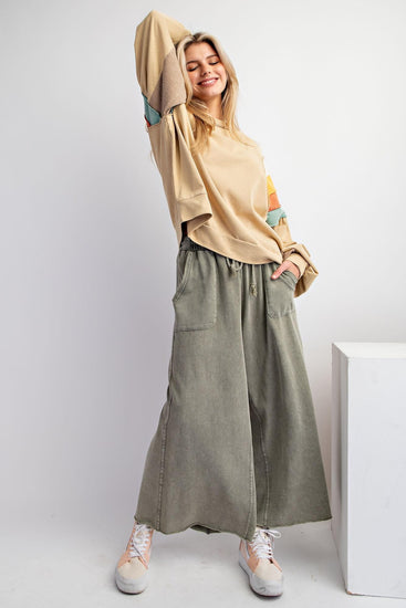 Coastal Calm Boho Washed Terry Knit Wide Leg Pants - Ash - The Farmhouse