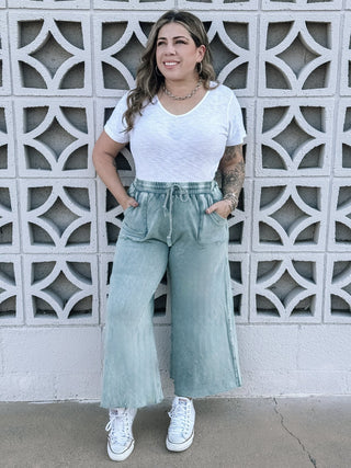 Coastal Calm Boho Washed Terry Knit Wide Leg Pants - Faded Teal - The Farmhouse