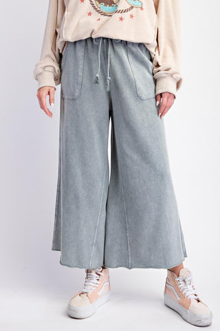 Coastal Calm Boho Washed Terry Knit Wide Leg Pants - Faded Teal - The Farmhouse